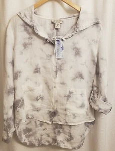 🆕 RACHEL ZOE Linen Tie Dye Oversized Button Down Hooded Top Size SMALL grey 🤍 - Picture 1 of 7