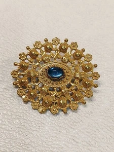 vintage signed Miriam Haskell Engraved Blue water drop Glass Stone Brooch pin - Picture 1 of 9