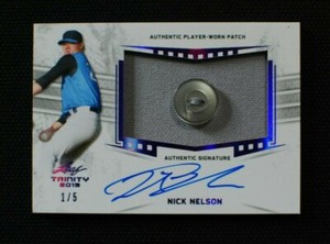 🌟 NICK NELSON 2019 Leaf Trinity Jumbo BUTTON Patch ON CARD AUTO /5 - Yankees