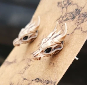 3D Printed Dragon Skull Stud Earrings, Stainless Steel & Resin, Bone Gothic Punk - Picture 1 of 9