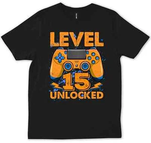 Level 15 Year Old 15th Birthday Gamer Boy Video Game Retro Funny Gift T-Shirt - Picture 1 of 4