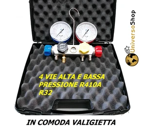 GRUPPO MANOMETRICO A 4 VIE PER GAS R410A R32 ALTA E BASSA PRESSIONE MANOMETRO - Picture 1 of 2