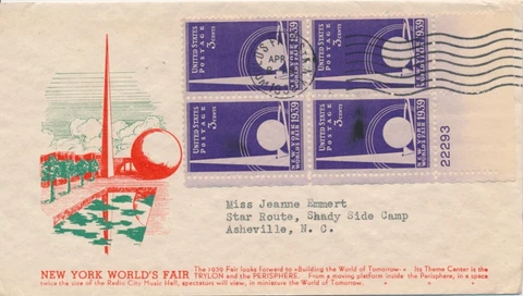 #853 PB of 4 New York Worlds Fair 1939 Cachet Craft cachet First Day cover Cover