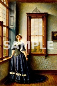 Victorian woman navy dress stands in a window Oil Painting 11.7x8.3 Print - Picture 1 of 1