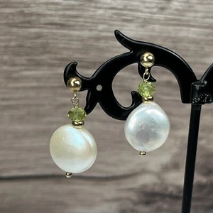 14K Yellow Gold 12mm Pearl Post Peridot Stud dangle Earrings 1" 3.6 grams Lot DD - Picture 1 of 5