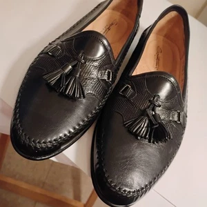 Santoni Lizard Embossed Men's Tassel Loafers Black Leather 11D New Display - Picture 1 of 19