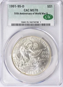 1991-95 D World War II  DOLLAR CACG MS70 - Picture 1 of 2