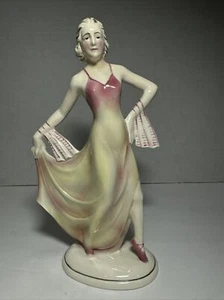 Hertwig of Katzhutte Dancing Lady 2301 Pink & Pale Yellow 7 3/4” Art Deco - Picture 1 of 11