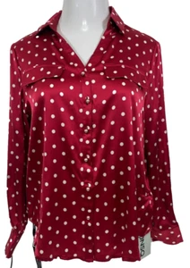 JNSQ Marta Shirt Women's Size 6 NWT 100% Silk Red White Polka Dot Long Sleeves - Picture 1 of 9