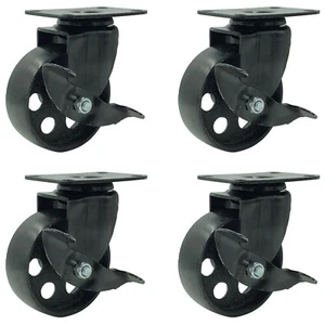 4 Ganz Schwarz Metall Lenkplatte Rollen mit Bremse Schwerlast (3,5" mit Bremse) - Bild 1 von 4