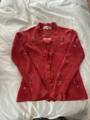 Rene Derhy Silk & Angora Camisole and Cardigan Set - Red With Beaded Flowers - M - Image 1 of 4