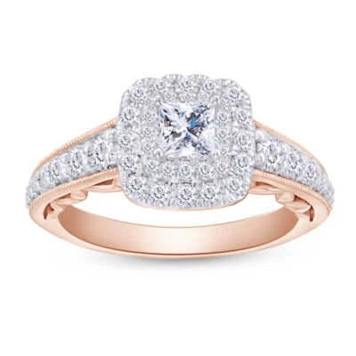 Anillo de compromiso con marco de diamantes talla princesa certificado 1-1/3 quilates en oro rosa de 14 k Foto 1 de 4