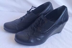 Pavers All Black Lace Up, Smart Brouge Style Shoes, With Wedge Heel Size 4