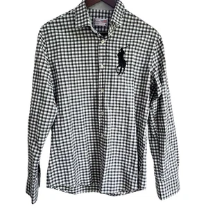 Camisa Polo Ralph Lauren Big Pony Para Hombre Mediana Negra Blanca A Cuadros Con Botones - Imagen 1 de 6