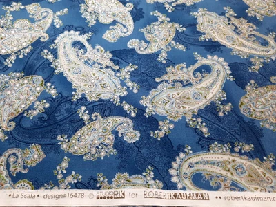 BTY LaScala 16478 Robert Kaufman Blue & Silver Metallic Paisley Cotton Fabric - Image 1 of 4