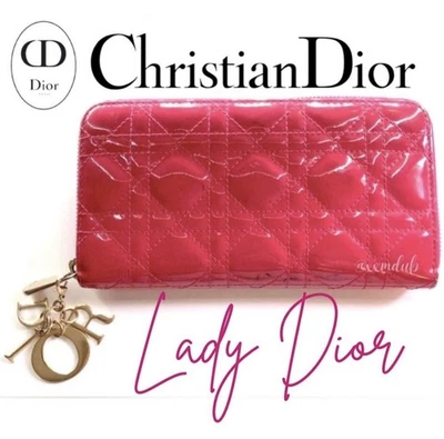 🩷 Леди DIOR Christian Dior Cannage розовый лакированная кожа длинный молнии бумажник подвеска - Изображение 1 из 4