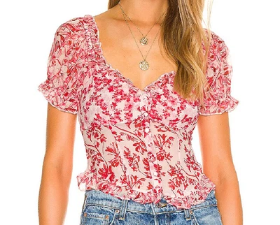 LoveShackFancy Bryant Top Silk Campfire Breeze Red Floral puff sleeve Size 10 - image 1 of 4