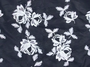 Vintage Embroidered White Rose Floral Black Taffeta Fabric Remnant 1 yd 58" Wide - Picture 1 of 4