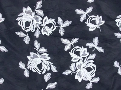 Vintage Embroidered White Rose Floral Black Taffeta Fabric Remnant 1 yd 58" Wide - Image 1 of 4