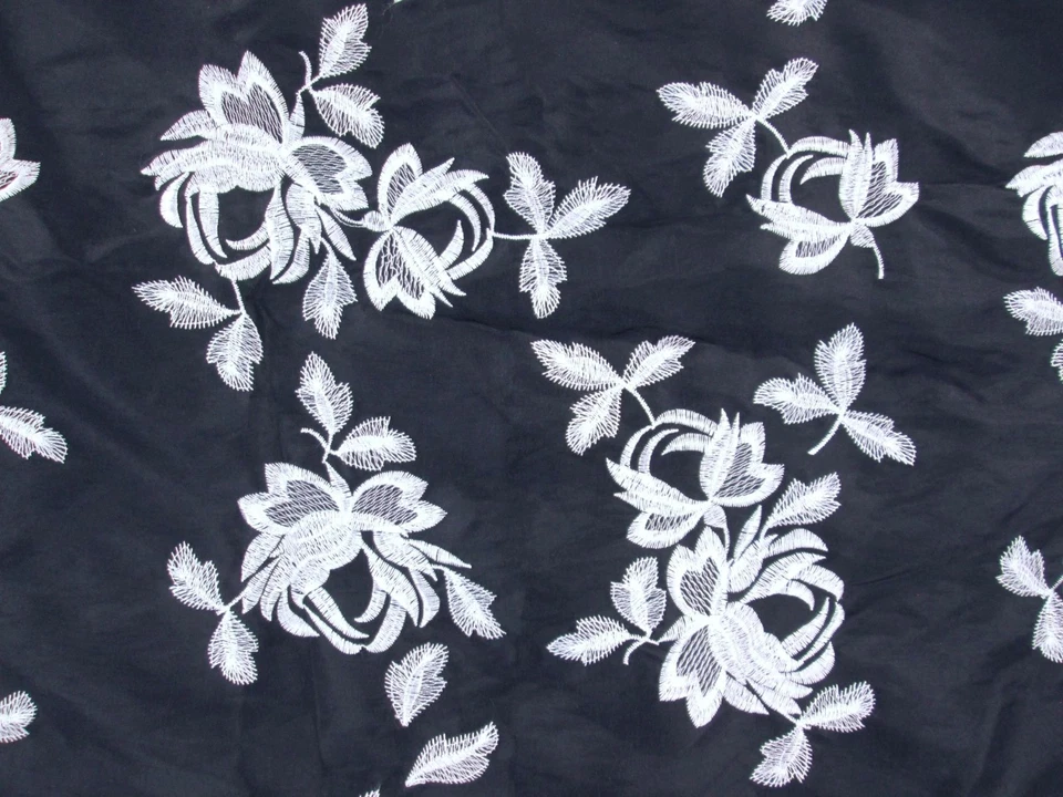 Vintage Embroidered White Rose Floral Black Taffeta Fabric Remnant 1 yd 58" Wide - Image 1 of 4