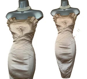 Vestido KAREN MILLEN UK 14 Elegante Champagne Dorado Satén Sin Tirantes Bodycon Movible - Imagen 1 de 10