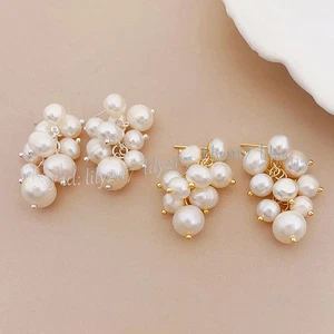 Genuine Natural White Freshwater Baroque Pearl Grape Cluster Dangle Stud Earring - Picture 1 of 14