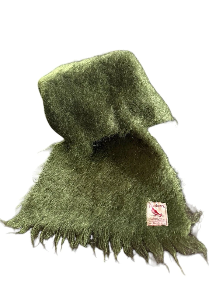 VINTAGE BLACKCOCK Mohair Pile Scarf Gibson & Lumgair SCOTLAND OLIVE GREEN - Image 1 of 4