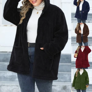 Plus Size Women Zip Solid Long Sleeve Winter Fleece Coats Warm Outwears Jacket - Picture 1 of 37