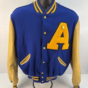 DeLong Varsity Letterman Jacket Mens Large 44 Blue Leather Sleeves Snap Close - Picture 1 of 12