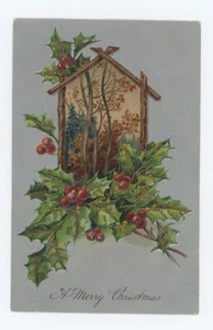 Antigua postal de Navidad en relieve ~ FELIZ NAVIDAD ~ ACEBO DE NAVIDAD ALEMANIA - Imagen 1 de 2