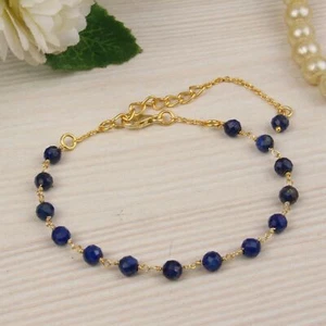 Lapis Lazuli Beaded Gemstone Yellow Gold Plated 925 Silver Chain Bracelet - Picture 1 of 3