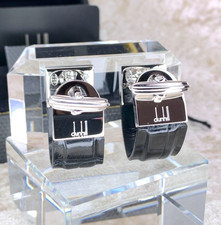 Authentic Alfred Dunhill Cufllinks Leather Sterling Silver Rare with Case & Card