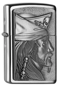 ZIPPO Feuerzeug PIRATE HEAD m. Emblem Brushed Chrome Piratenkopf NEU OVP E4 - Picture 1 of 3