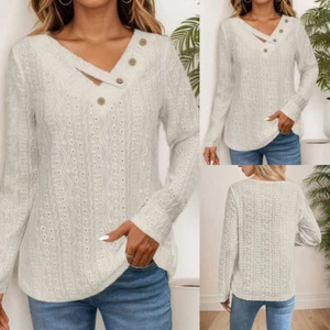 Women Ribbed Lace Button V Neck Tops T-Shirt Long Sleeve Pullover Jumper Blouse - Picture 1 of 16