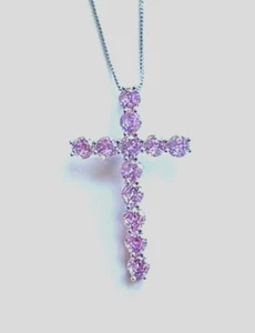1 Cruz grande de plata de ley 925 con colgante de cristal rosa facetado de 20" - Imagen 1 de 5