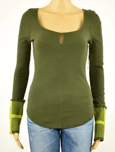 Free People Womens Green Textured Mod Stripe Cuff Thermal Top S - Picture 1 of 5