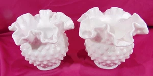 2 Vintage Fenton Milk Glass Hobnail Ruffled Crimped 4.25" Vases - Picture 1 of 6