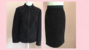 AKRIS 10 Large Woven Wool Tweed Black Pink Jacket Skirt Designer Womens Suit - Picture 1 of 12