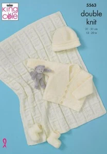 King Cole DK Knitting Pattern Babies Cardigan Hat Booties and Blanket 5563 - Picture 1 of 2