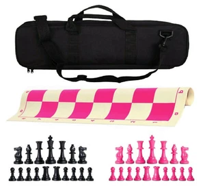 Juego de ajedrez de lujo de peso único - piezas y bolso de tablero de vinilo - negro rosa - Imagen 1 de 5