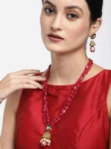 RED BEADED PENDANT NECKLACE SET INDIAN MALA RANI HAAR LONG NECKLACE SET FESTIVE - Picture 1 of 4