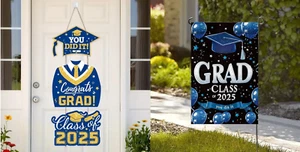 3pcs/Set,Blue Gold 2025 Graduation Door Hanging and 12x18in Graduation Celebrati - Picture 1 of 15