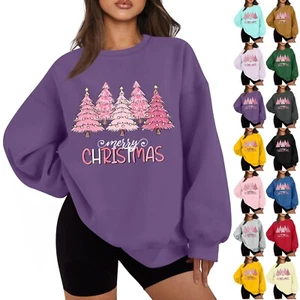 Women's Casual Fashion Long Sleeve Christmas Print Round Neck Sweatshirt Top - Picture 1 of 51