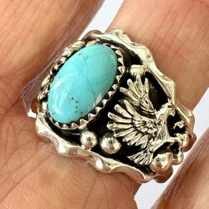 Navajo Eagle Mens Band Sz 11 Ring Turquoise Sterling Francisco Native American - Picture 1 of 9
