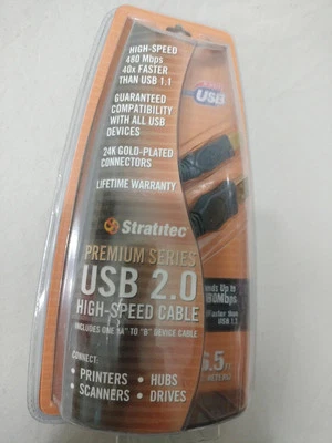 USB High-Speed Printer Cable 24K Gold Plated 6.5 Feet USB-A To USB-B Stratitec - Image 1 of 2