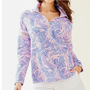 Lilly Pulitzer Jonah Popover in Coastal Blue Maybe Gator Sz M Half Zip Pullover - Picture 1 of 9