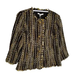 Cabi Blazer Women's Large Wool Blend Boucle Nubby Tweed Jacket Fringe Career - Picture 1 of 9