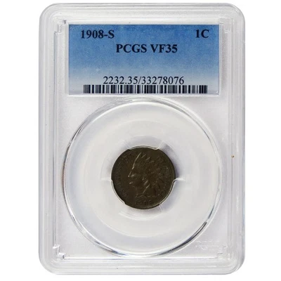 1908-S Indian Cent 1c PCGS VF35 Blue Label - Image 1 of 3