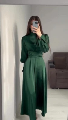 Vestido Dubai Satinado Manga Acampanada Mujeres Musulmán Islámico Abaya Vestido con Cordones S-2XL Foto 1 de 4