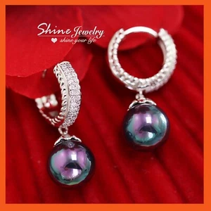 Lady's Black Pearl Bead Drop Silver Band 18K White Gold GF HOOP Dangle EARRINGS - Picture 1 of 5